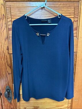 Vince Camuto Navy Long-Sleeve Top with Gold Chain Detail